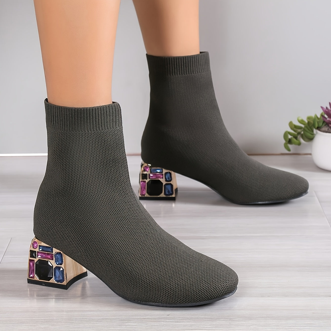 Women's Knit Ankle Boots with Chunky Heels Black Ribbed Slip-On Shoes