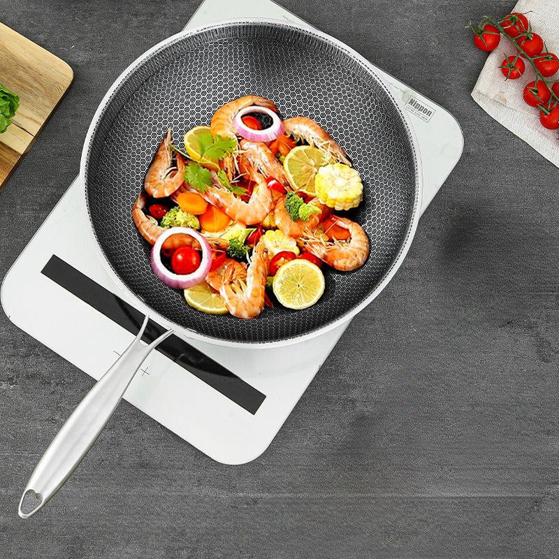 Stainless Steel Wok with Honeycomb Pattern Non-Stick Scratch-Resistant for Stir-Frying on Gas and Induction Cooktops