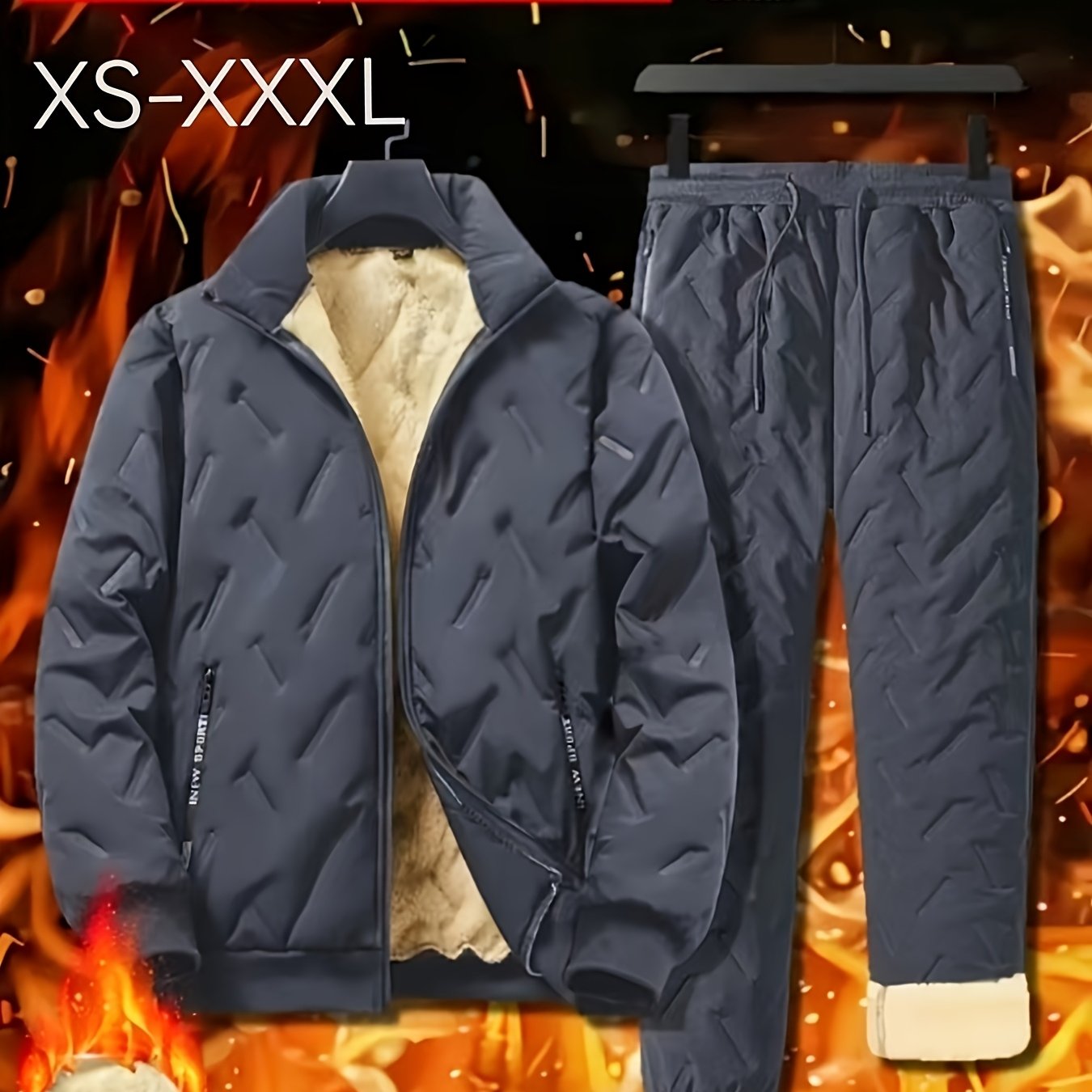 Men's Casual Sportswear Set Polyester Velvet-Lined Stand Collar Zip-Up Jacket Joggers Fall Winter