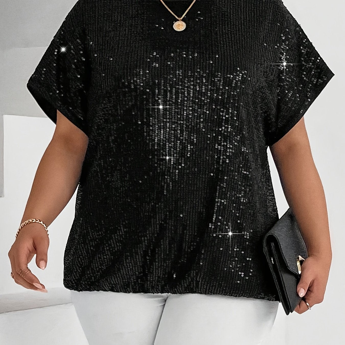 Plus Size Women's Sequin Short Sleeve T-Shirt Lightweight Silver Casual Top