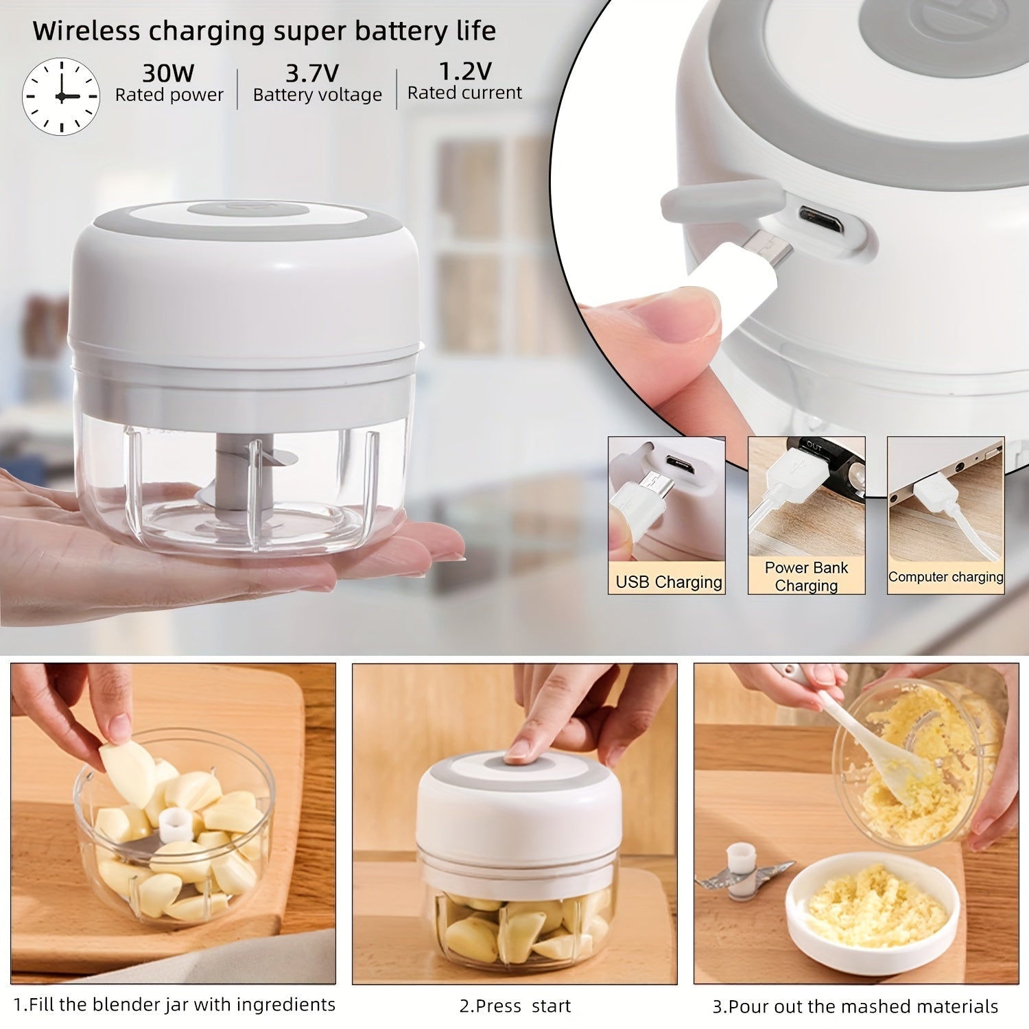 USB Rechargeable Garlic Mixer 250ml Small Automatic Kitchen Tool in Multiple Colors
