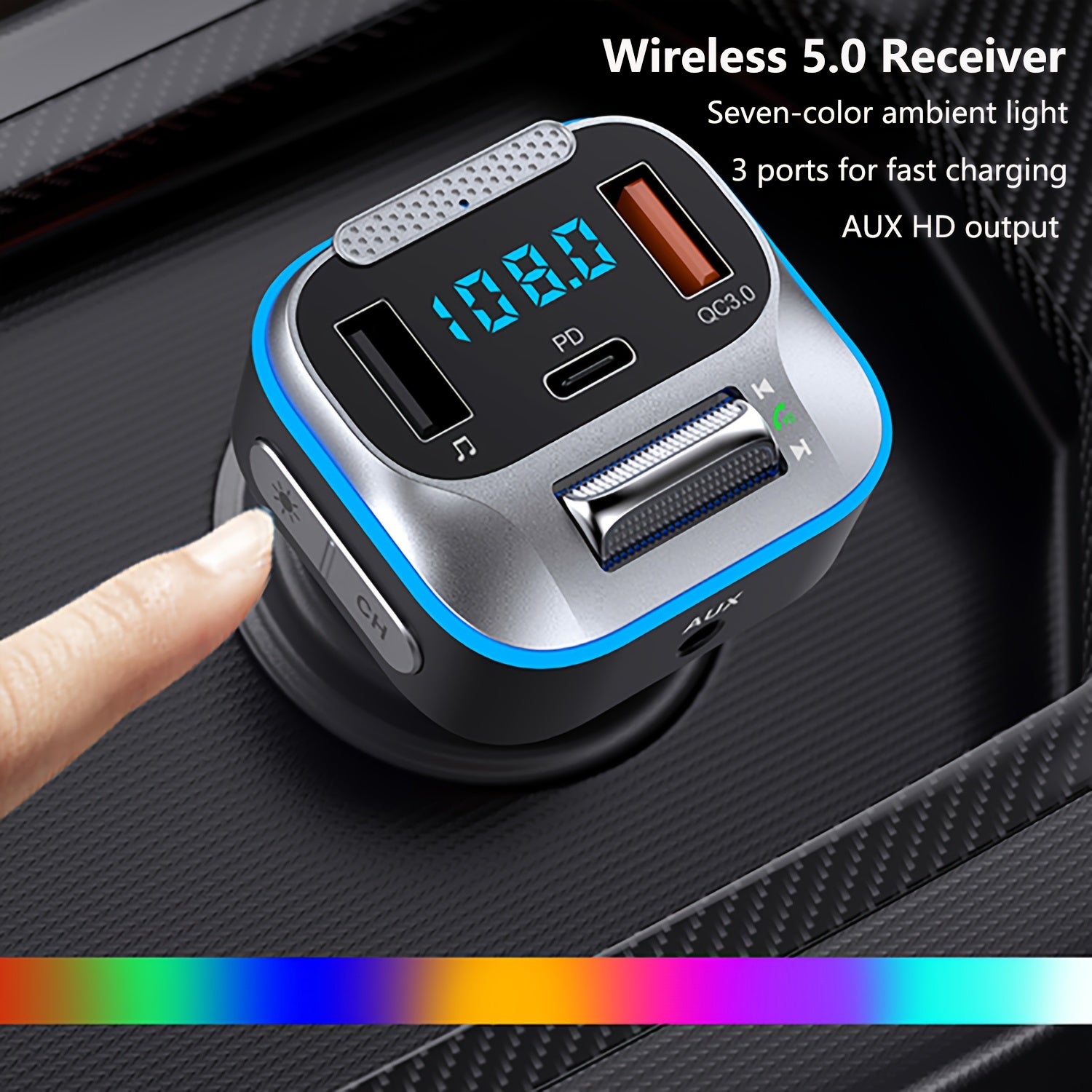 Car Wireless Transmitter Bluetooth Adapter 30W PD QC3.0 Hands-Free Calling LED Console