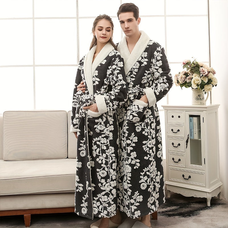 Unisex Thickened Long Bathrobe with Flower Pattern for Home and Bathroom Use