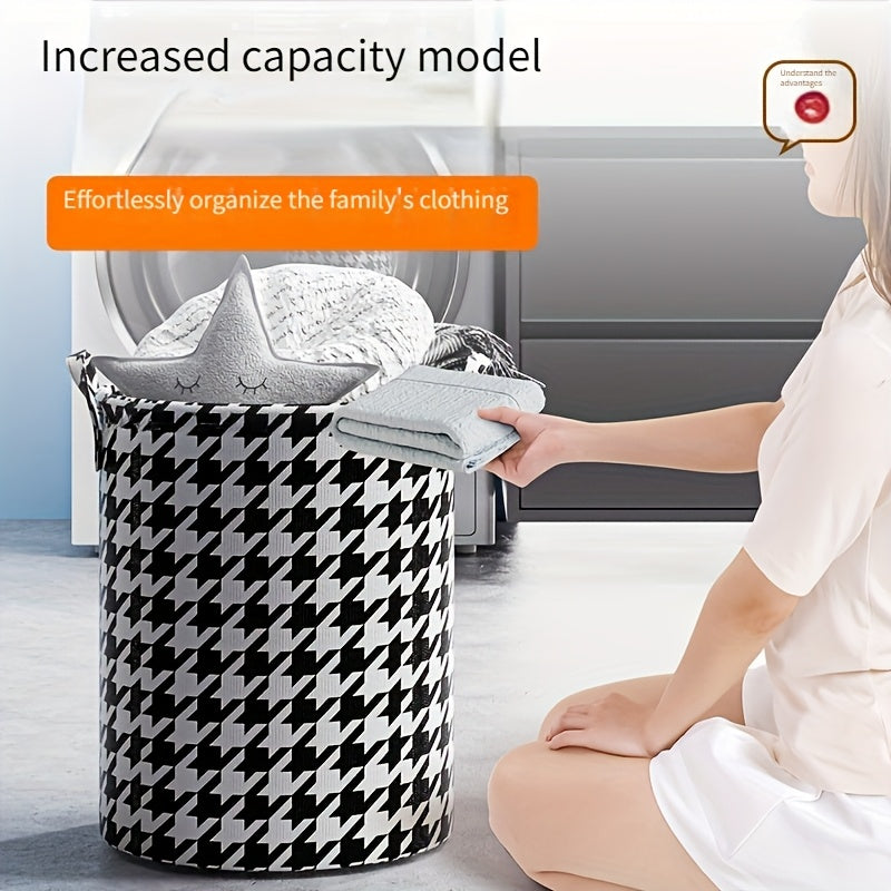 Large Capacity Foldable Laundry Basket Non-Woven Houndstooth Fabric Storage Hamper for Clothes and Toys