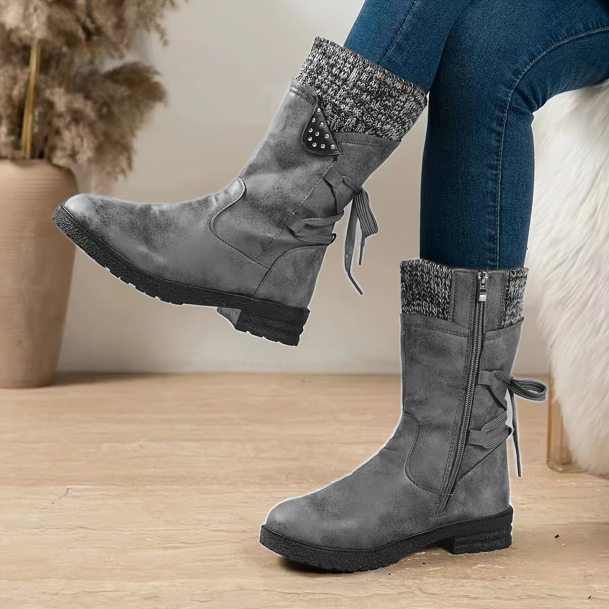 Plus-Size Women's Faux Leather Mid-Calf Boots with Low Heel and Bow