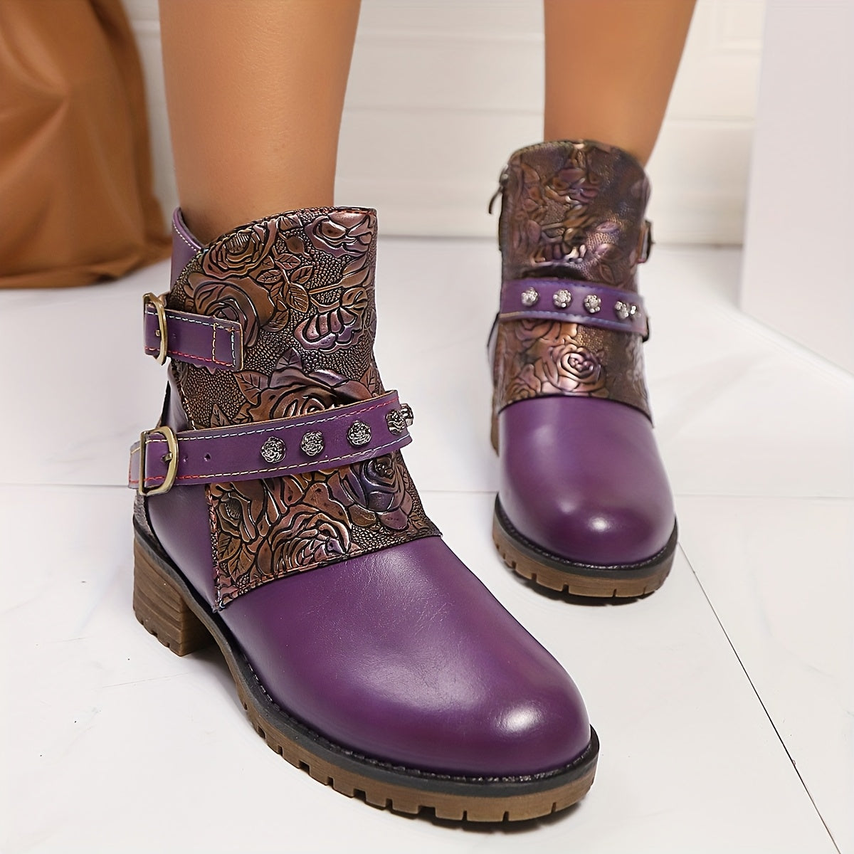 Women's Purple Ankle Boots With Chunky Heel Floral Print All-Season PU Cover