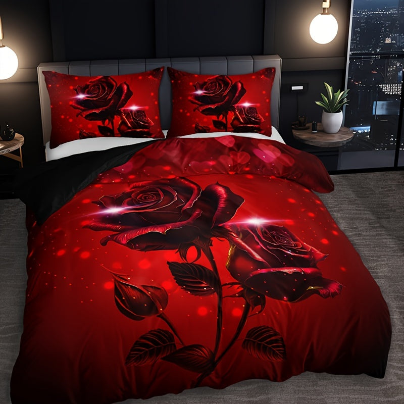 Red Rose Print Duvet Cover Set with 2 Pillowcases Breathable Polyester All Season
