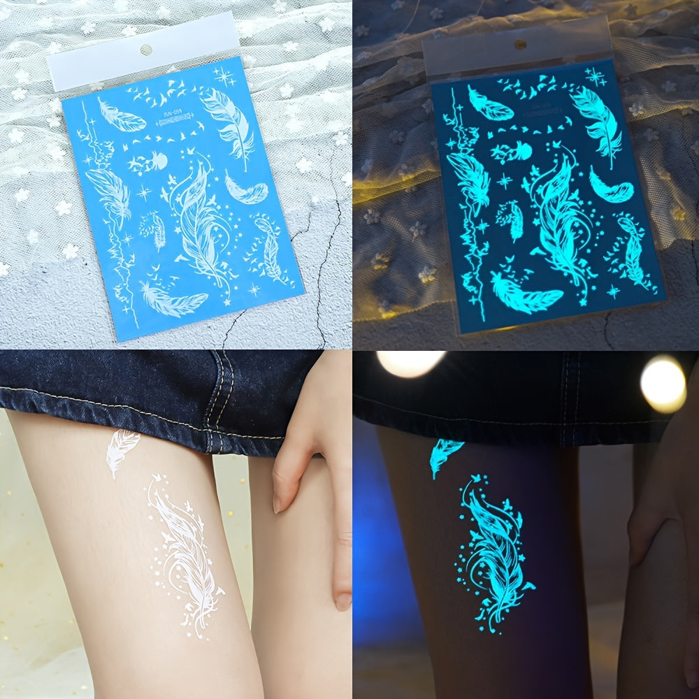 Blue Luminous Feather and Snake Tattoo Stickers for Women and Girls Glow in Dark Fake Body Art