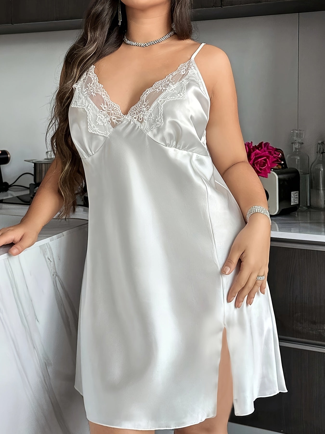 Plus Size Lace Trim Long Sleeve Robe and Slip Dress Set V-Neck Semi-Sheer Machine Washable