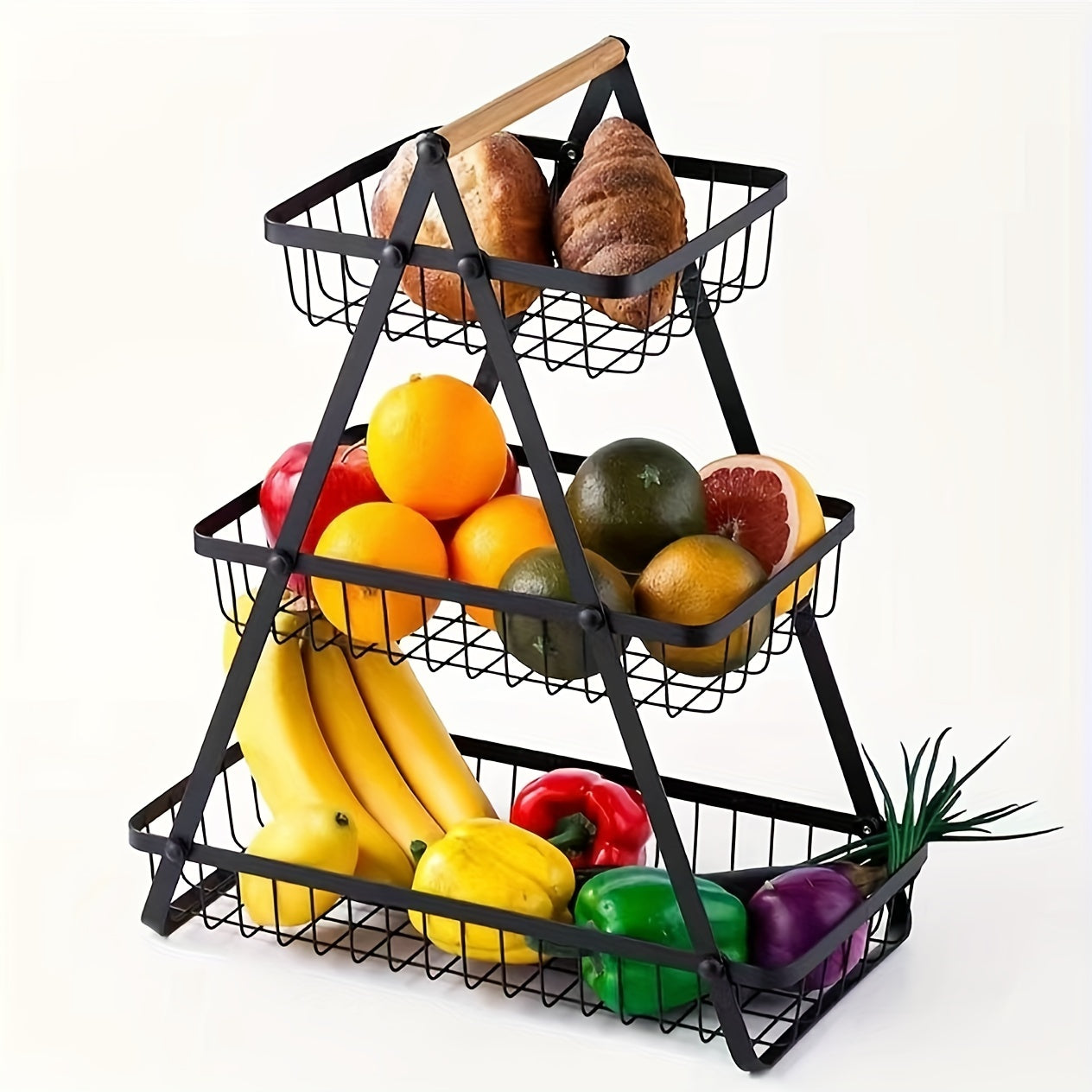 Metal Fruit and Vegetable Basket with Detachable Bowl and Wooden Handle for Kitchen Storage