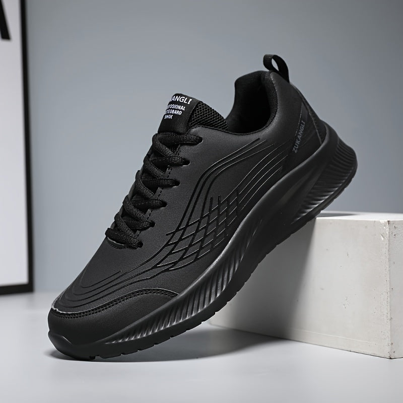 Men's Black Running Shoes Low Top Lace-Up Sneakers with Textured Fish Scale Pattern and Durable MD Sole