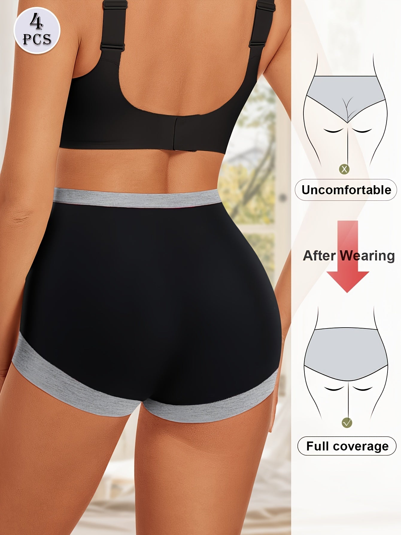 Color Block Boyshorts sin costura para mujer, pack de 4, algodón, elástico, ropa interior cómoda