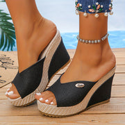 Women's Black Wedge Sandals with Arch Support Open Toe Slip-On