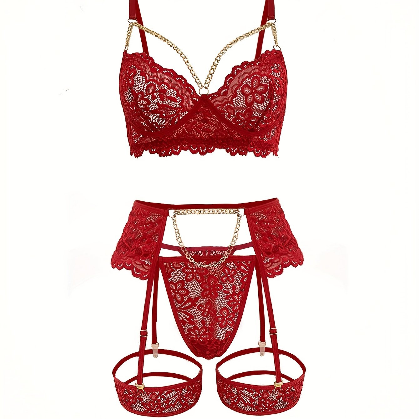 Sexy Lingerie Set with Flower Lace, Gold Chain Accents, See-Through Bra and Garter Belt