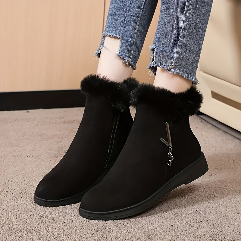 Women's Fleece-Lined Winter Ankle Boots with Side Zipper Black