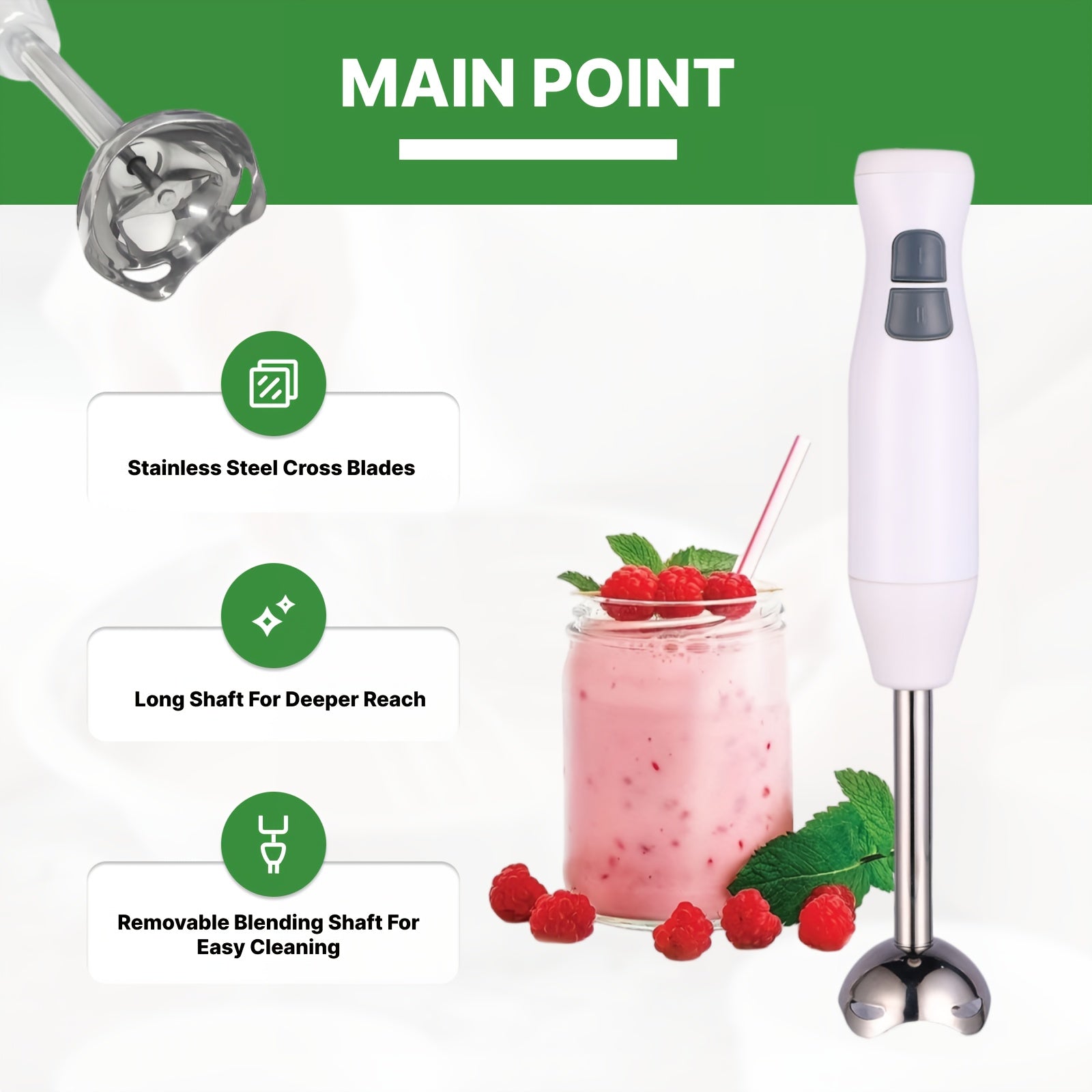 Electric Hand Blender Stainless Steel 2-Speed Immersion Stick for Purees Shakes Soups