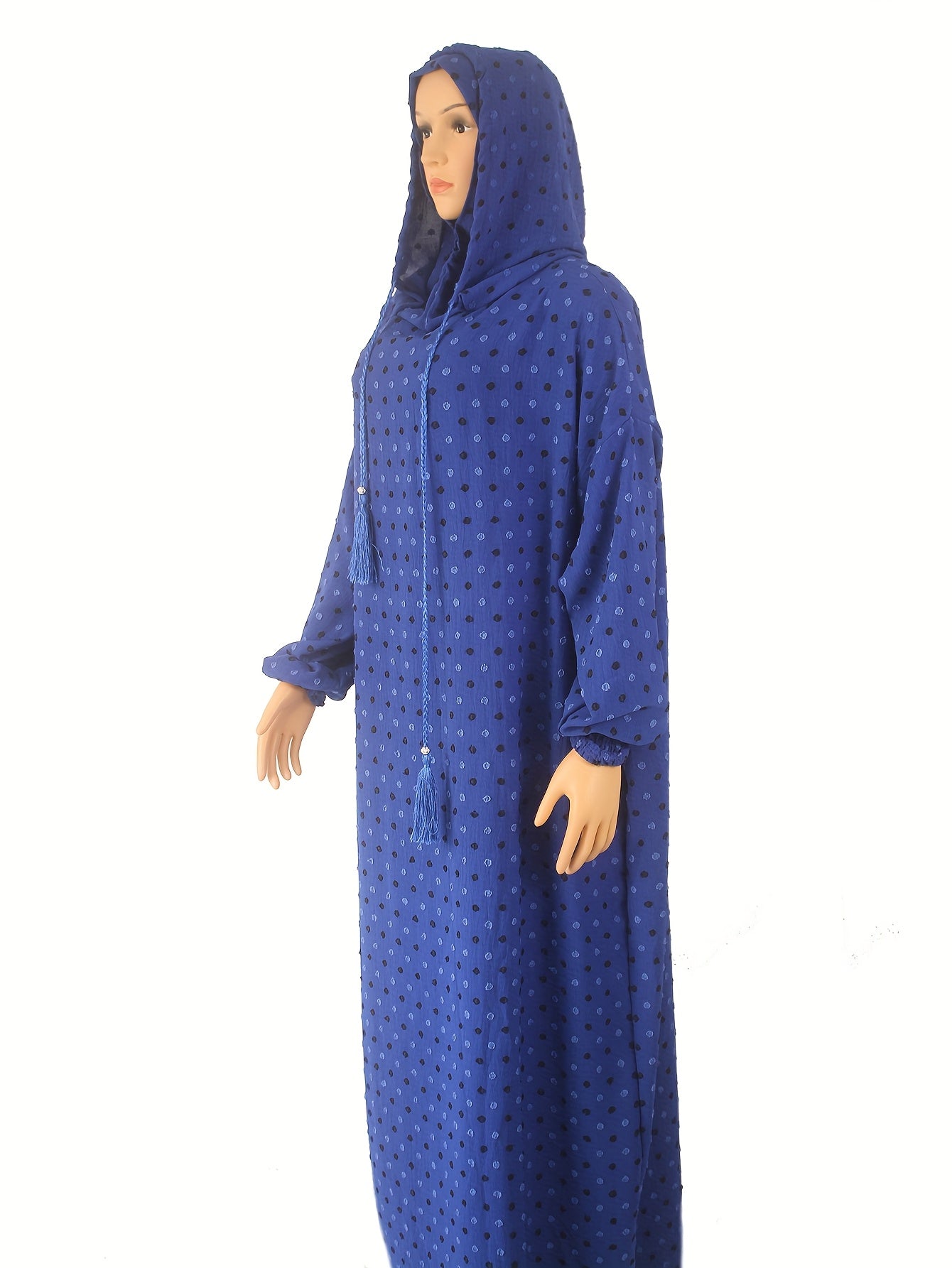 Women's Blue Polka Dot Abaya Kaftan Maxi Dress with Tassels and Lantern Sleeves
