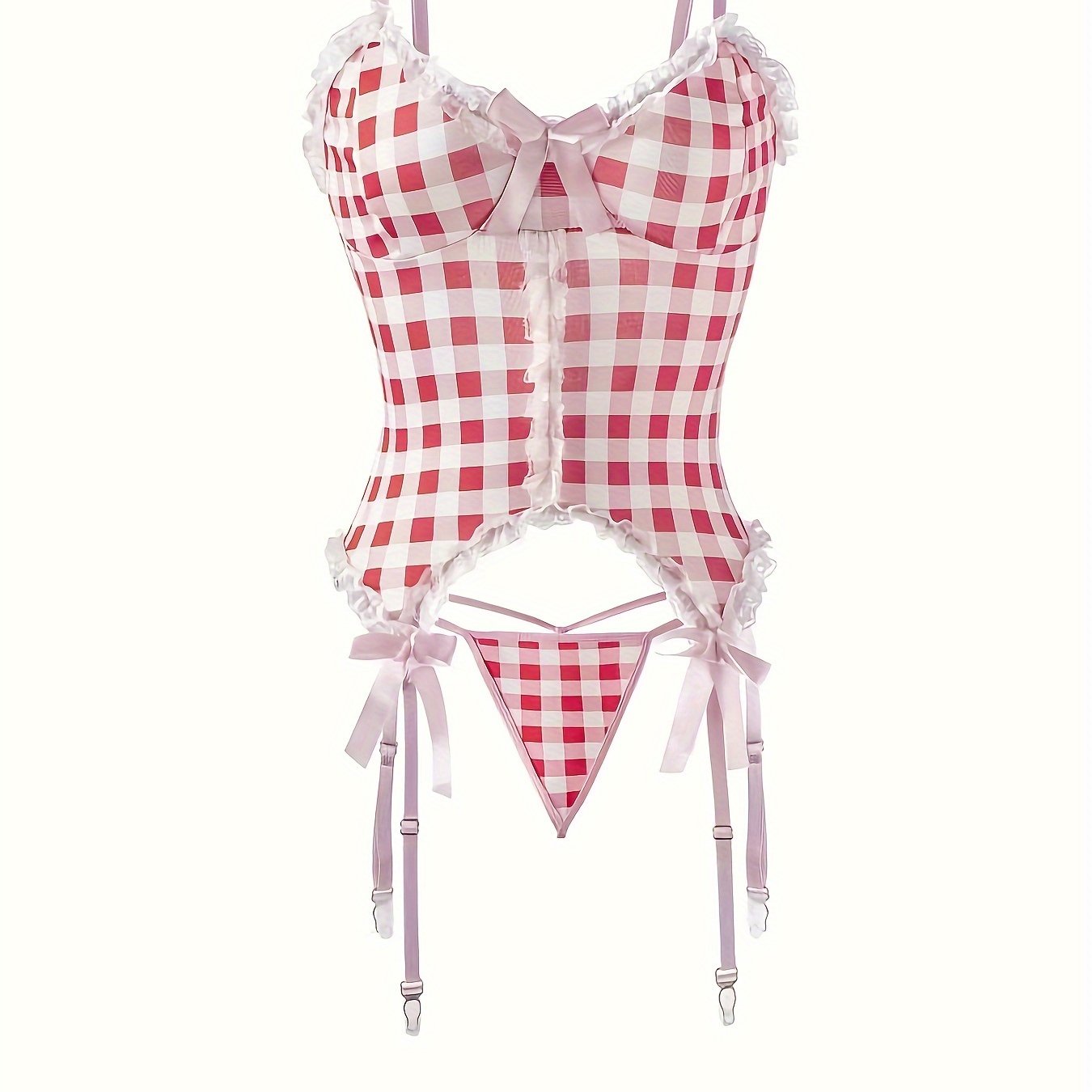 Women’s Lingerie Set with Grid Pattern and Bow