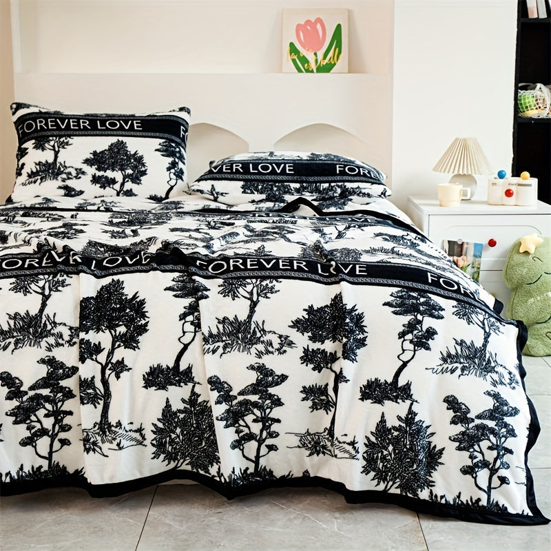 Black and White Floral Flannel Throw Blanket with Lace Embellishments All-Season Hypoallergenic Machine Washable