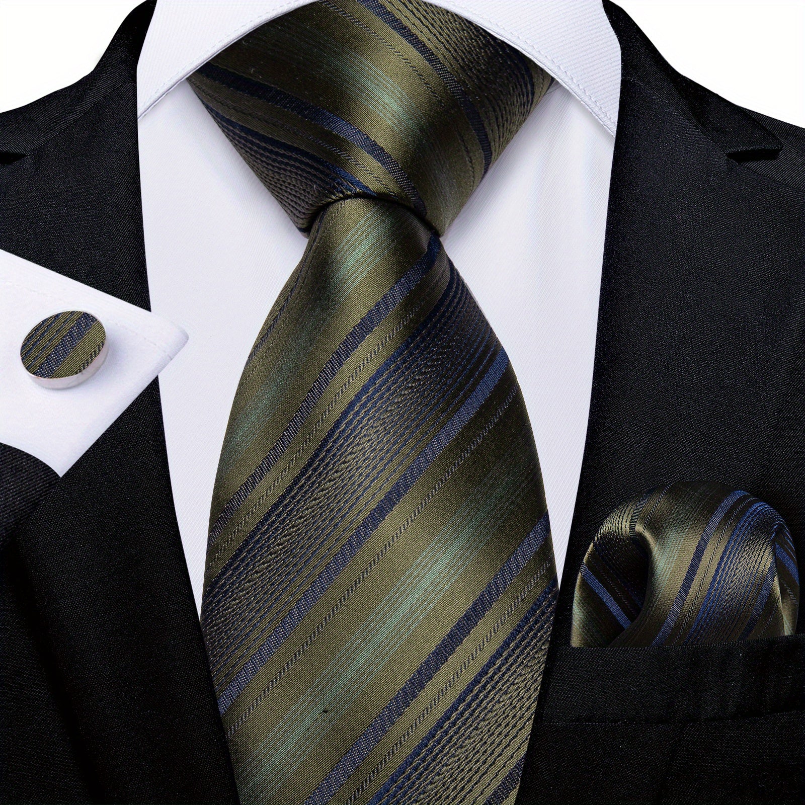 Men's Striped Necktie Set with Handkerchief and Cufflinks for Weddings and Business