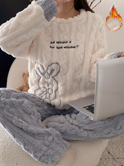 Women's Fleece Pajama Set with Rabbit Pattern Long Sleeve Crew Neck Casual Sleepwear for Teens