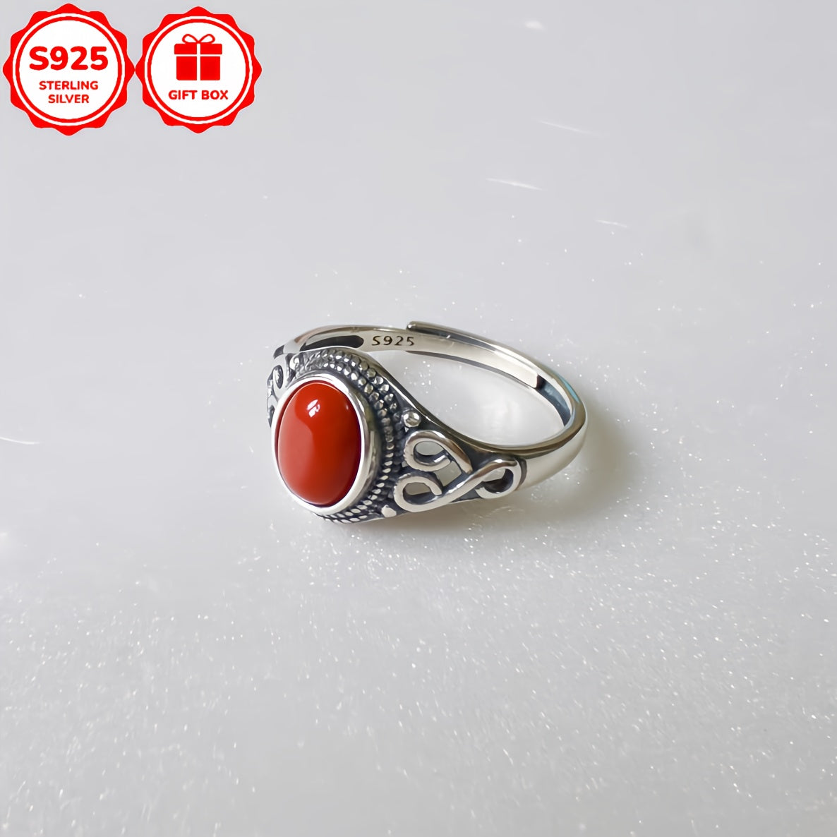 Women's Ring Retro Ethnic Style Silver Inlay Red Coral Stone Gift