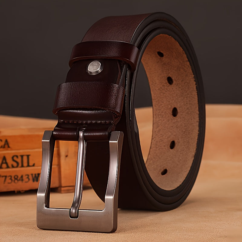 Genuine Leather Belt with Large Needle Buckle for Men Black Casual Cowhide