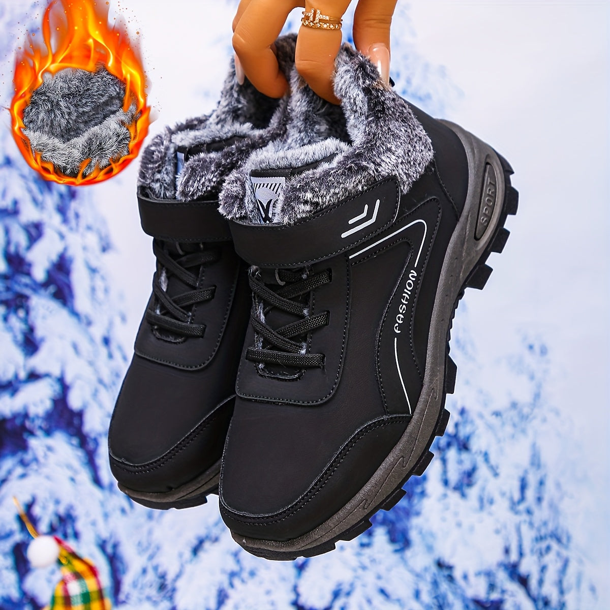 Women's Winter Ankle Boots Synthetic Leather Black Red Slip-On Lace-Up Boots