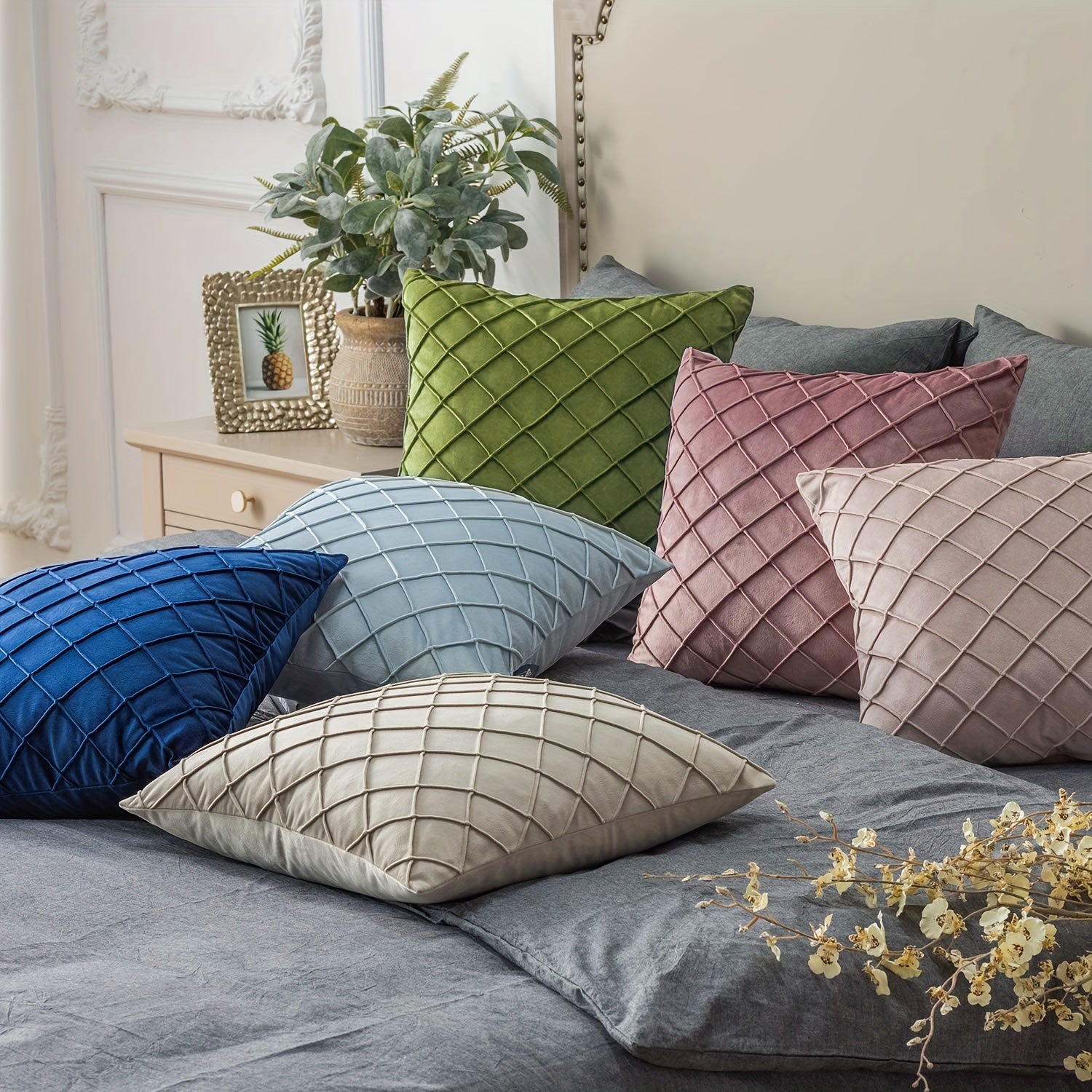 Argyle Polyester Velvet Throw Pillow Cover for Sofa Couch Living Room Decor