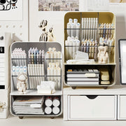 Plastic Desk Organizer with Drawer and Multi-Compartment Pen Holder for Office Supplies