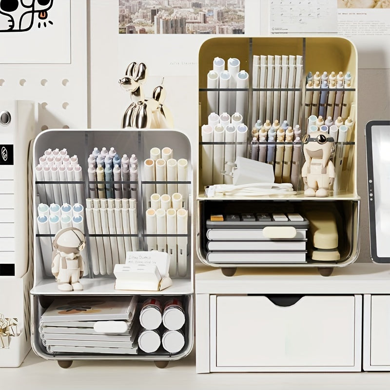 Plastic Desk Organizer with Drawer and Multi-Compartment Pen Holder for Office Supplies