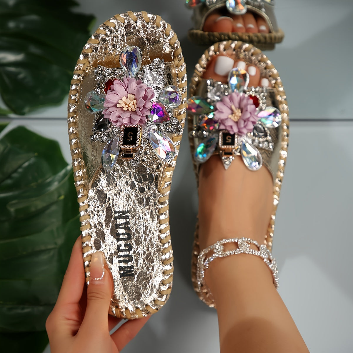 Floral Rhinestone Sandals Women Open Toe Strappy Flat Summer
