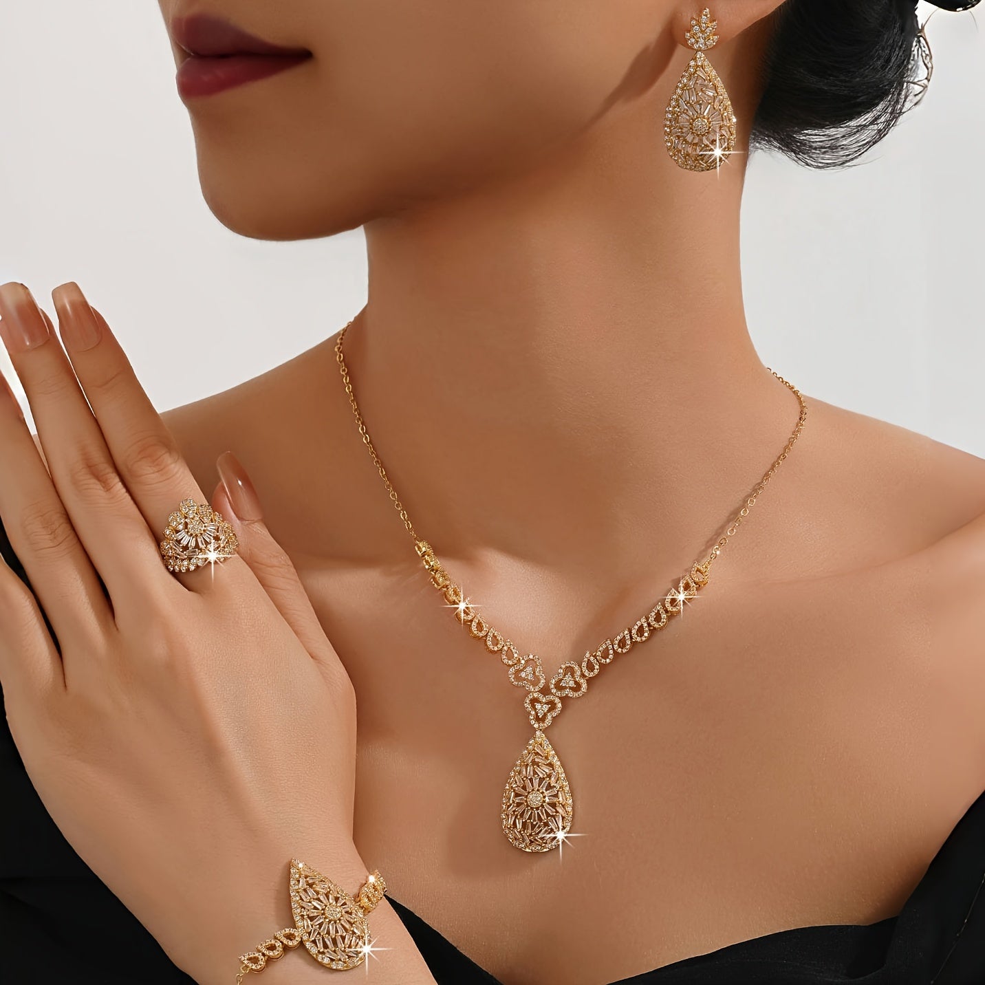 Gold-Plated Teardrop Jewelry Set for Women Necklace Earrings Bracelet Ring 5 Pieces