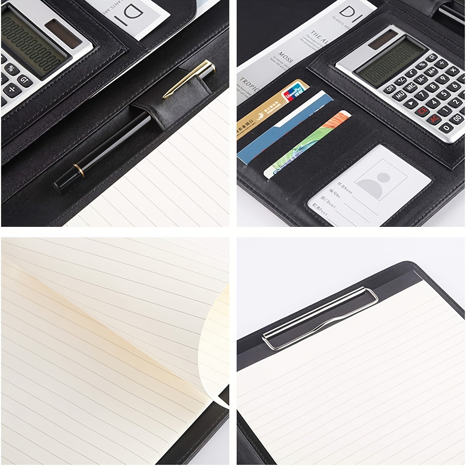 Black Faux Leather Clipboard Folder with Resume Organizer Business Card Holder Pen Loop Smartphone Pocket Office Organizer
