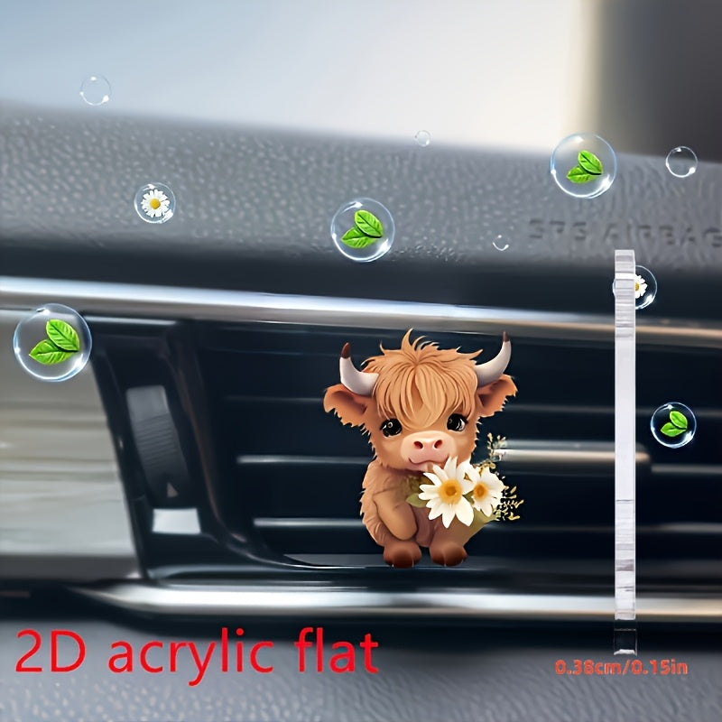 Cute Highland Cow Car Air Freshener Acrylic Fragrance Diffuser with Flowers