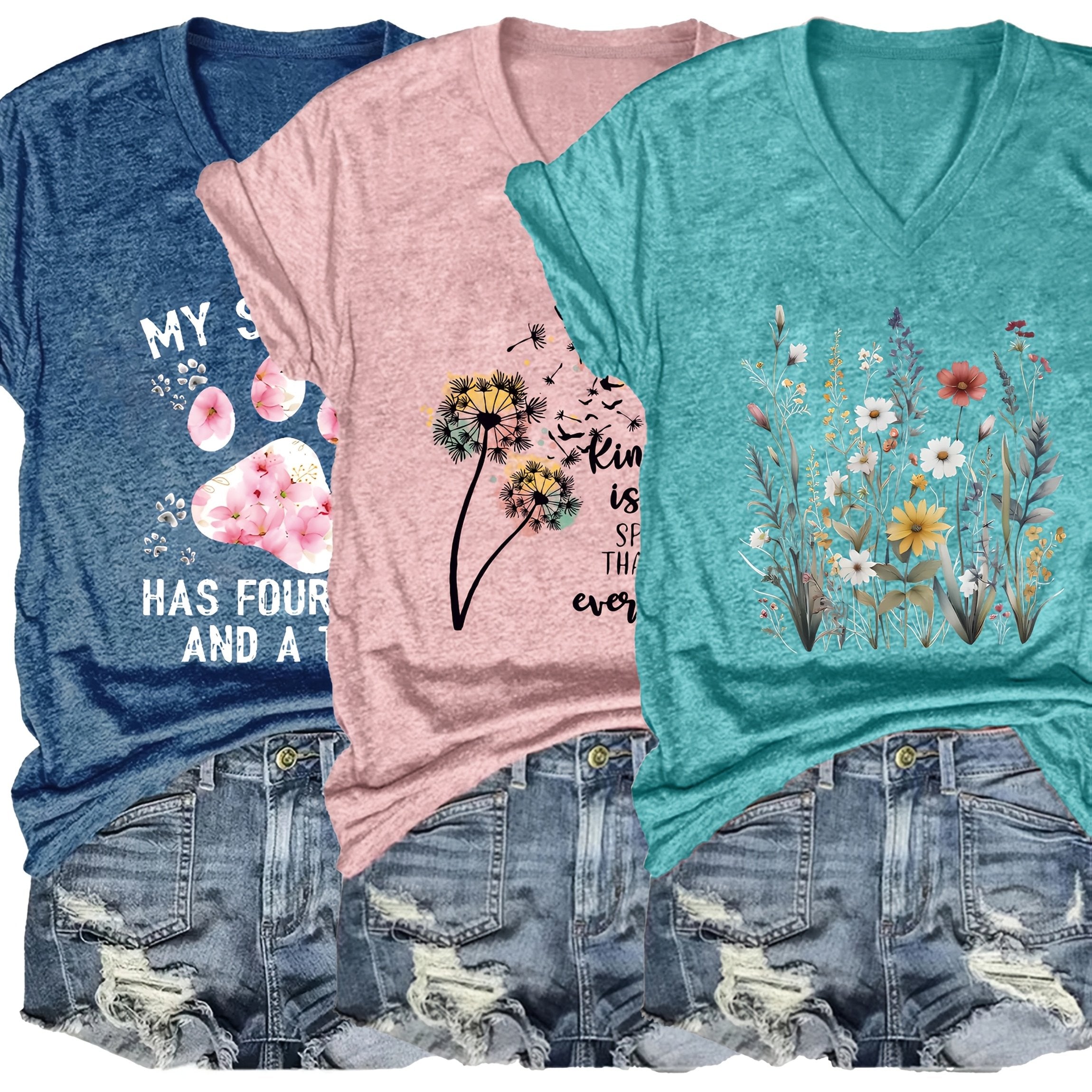 Plus o'lchamdagi ayollar uchun V-shakllı kofta 3-to'plam gullar bilan grafik qisqa qolli yozgi