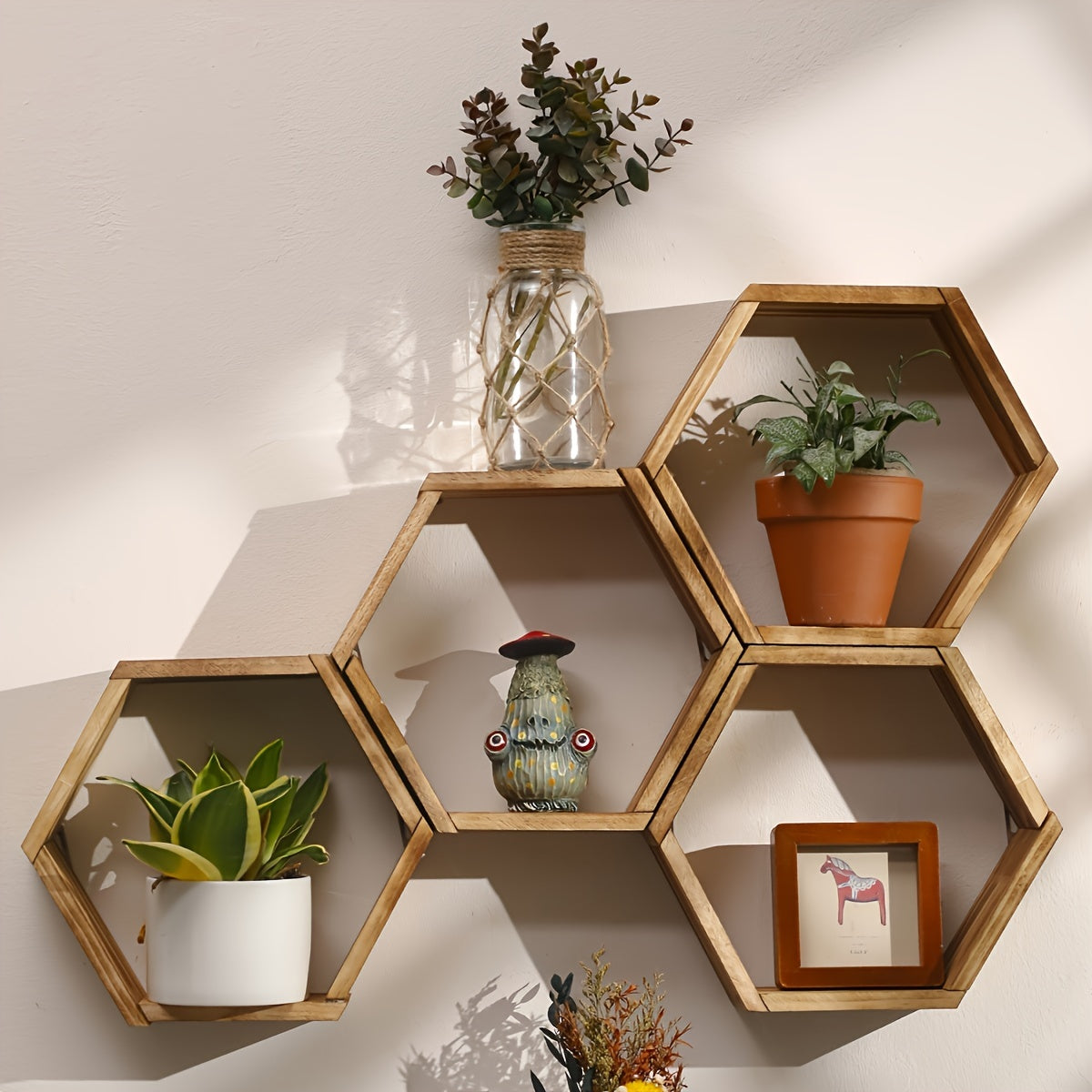 Brown Wood Hexagon Wall Shelf for Bedroom and Living Room Decor
