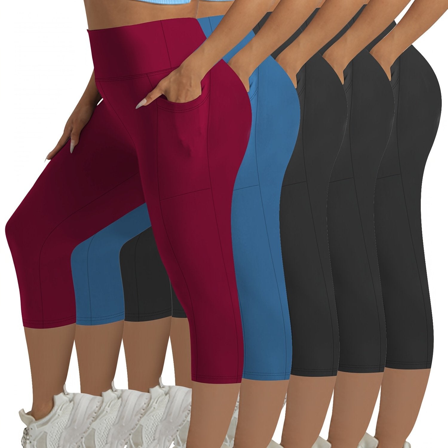 Women's High-Waisted Tummy Control Capri Leggings with Pockets, 4-Way Stretch