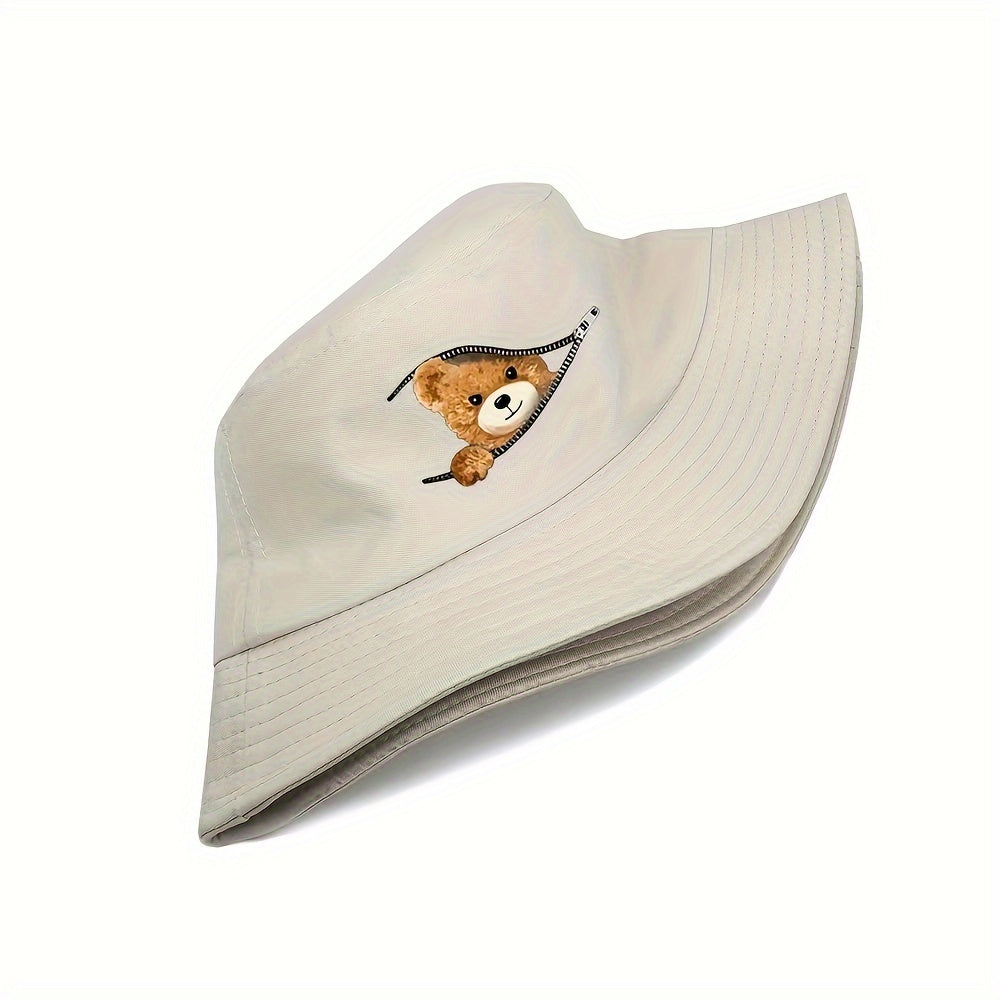Polyester Bucket Hat with Teddy Bear Print for Outdoor Activities and Sun Protection