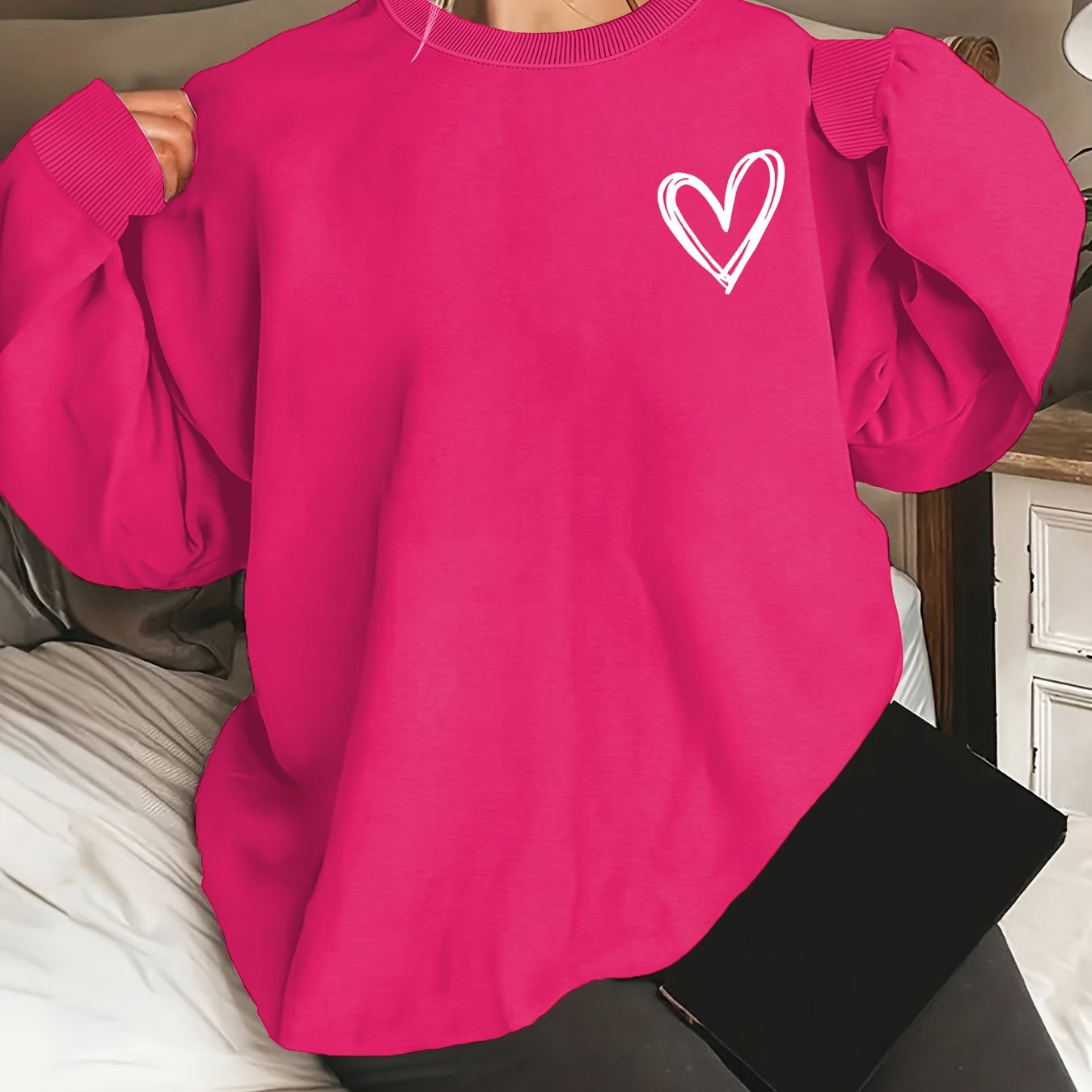 Толстовка оверсайз с принтом сердечек, повседневная, с длинными рукавами, круглый вырез, для женщин