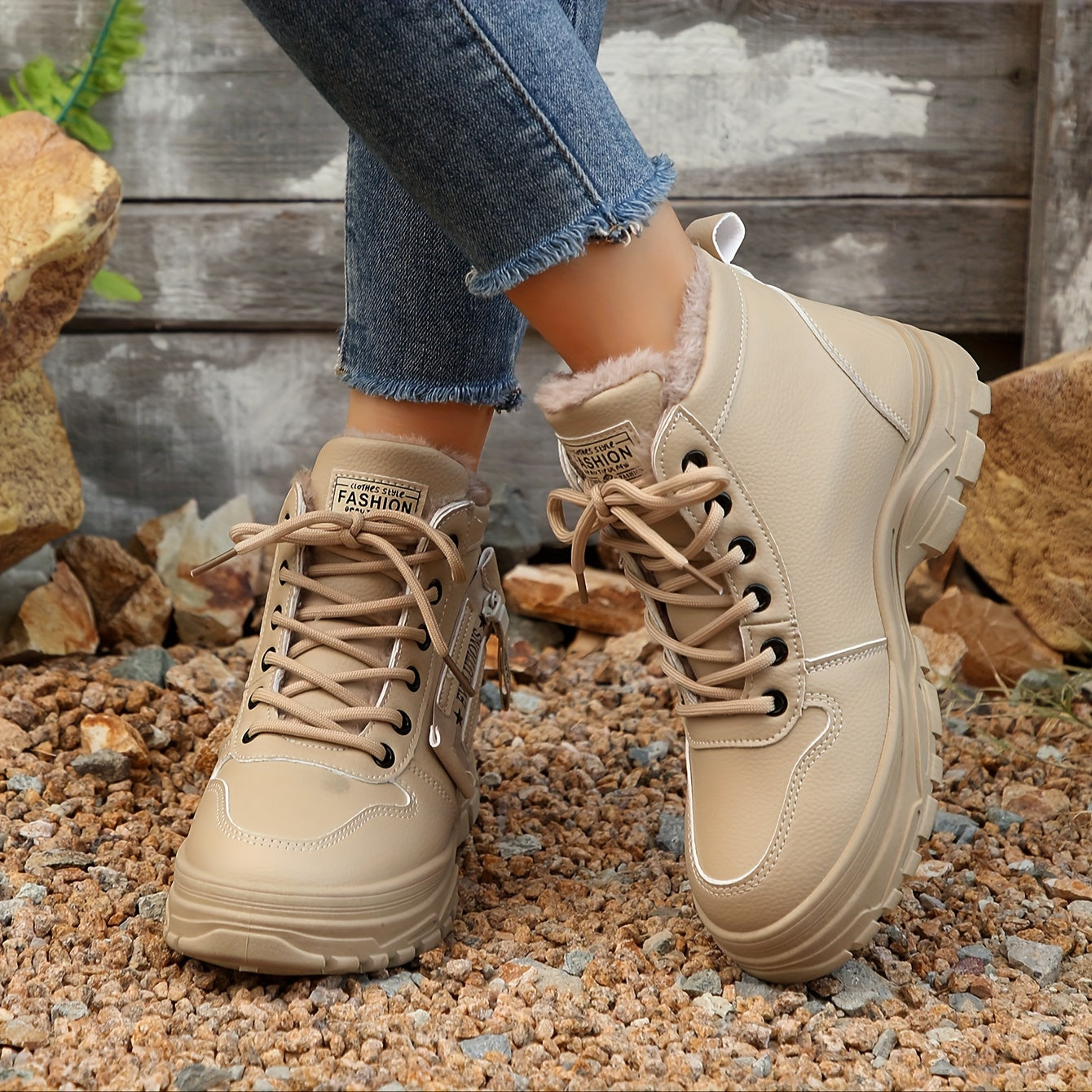 Women's Fleece-Lined Winter Boots High-Top Lace-Up Sneakers Black Beige White