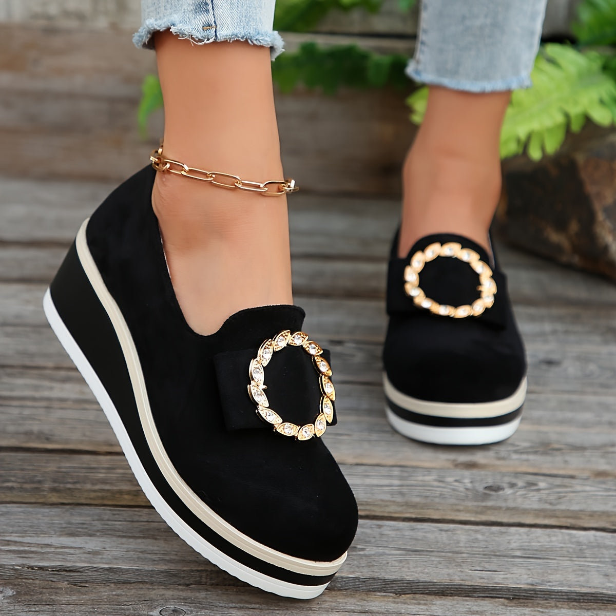 Women’s Wedge Sneakers Solid Color Slip-On Shoes Sequin Flannel Upper