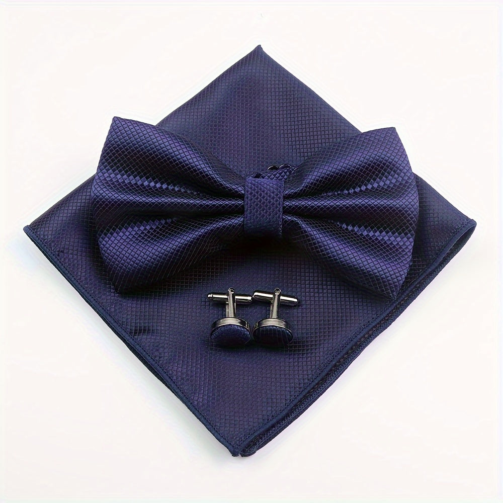 Set of 3 Wedding Accessories for Grooms and Groomsmen Bowtie Cufflinks and Pocket Towel