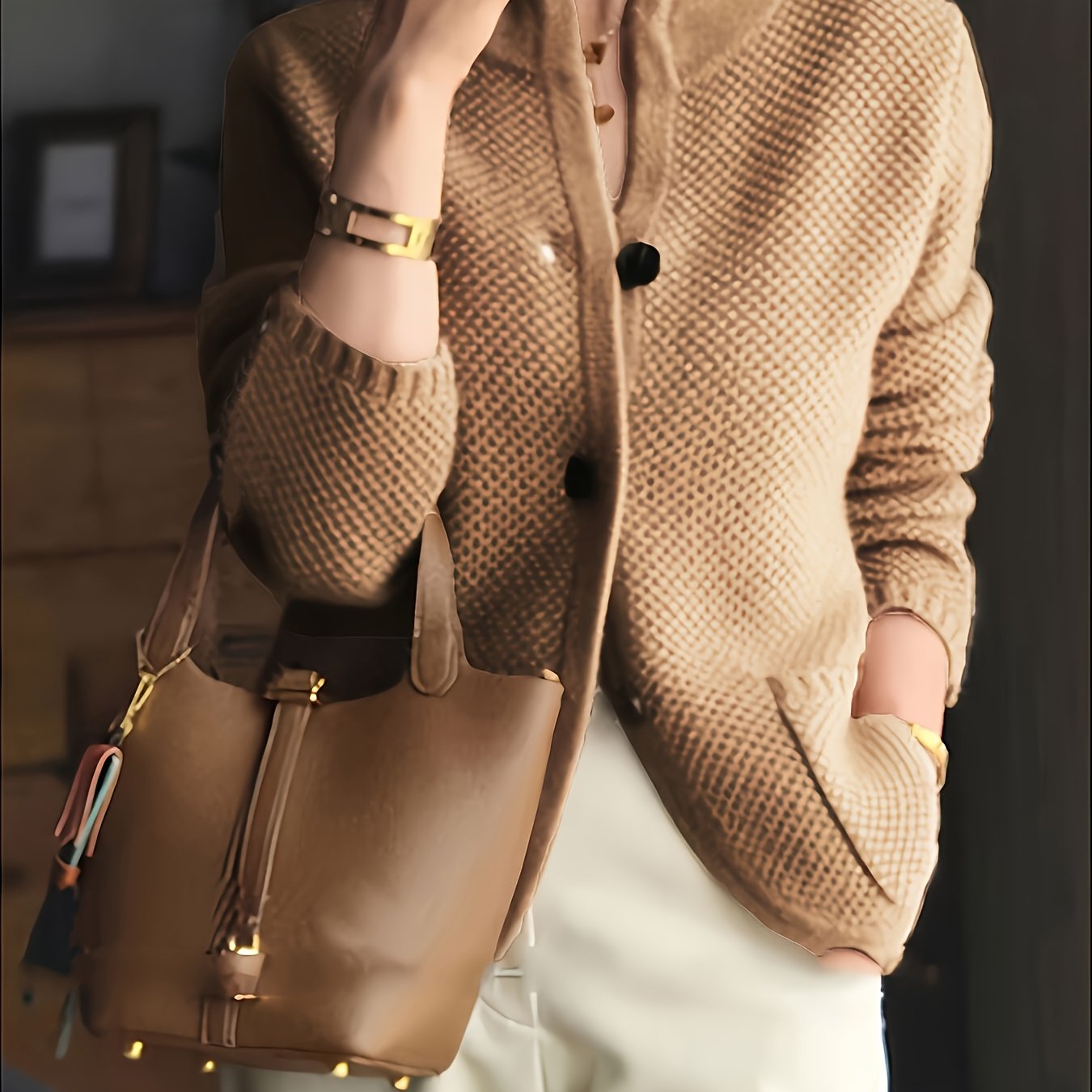 Women's Knit Button-Front Cardigan for Spring and Fall Solid Color Mid Elasticity