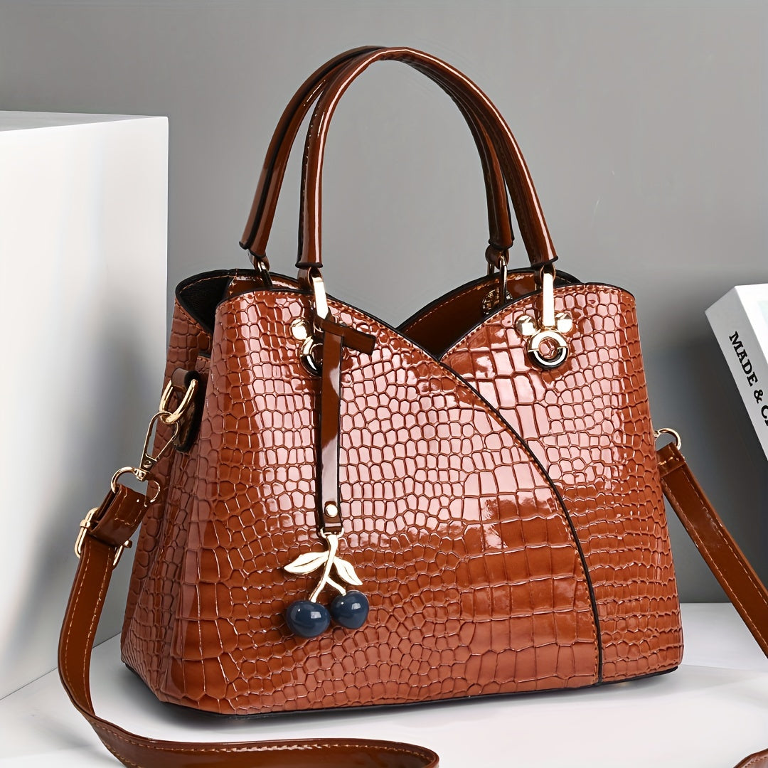 Crocodile Embossed Tote Bag with Cherry Pendant PU Checkered Zipper Closure