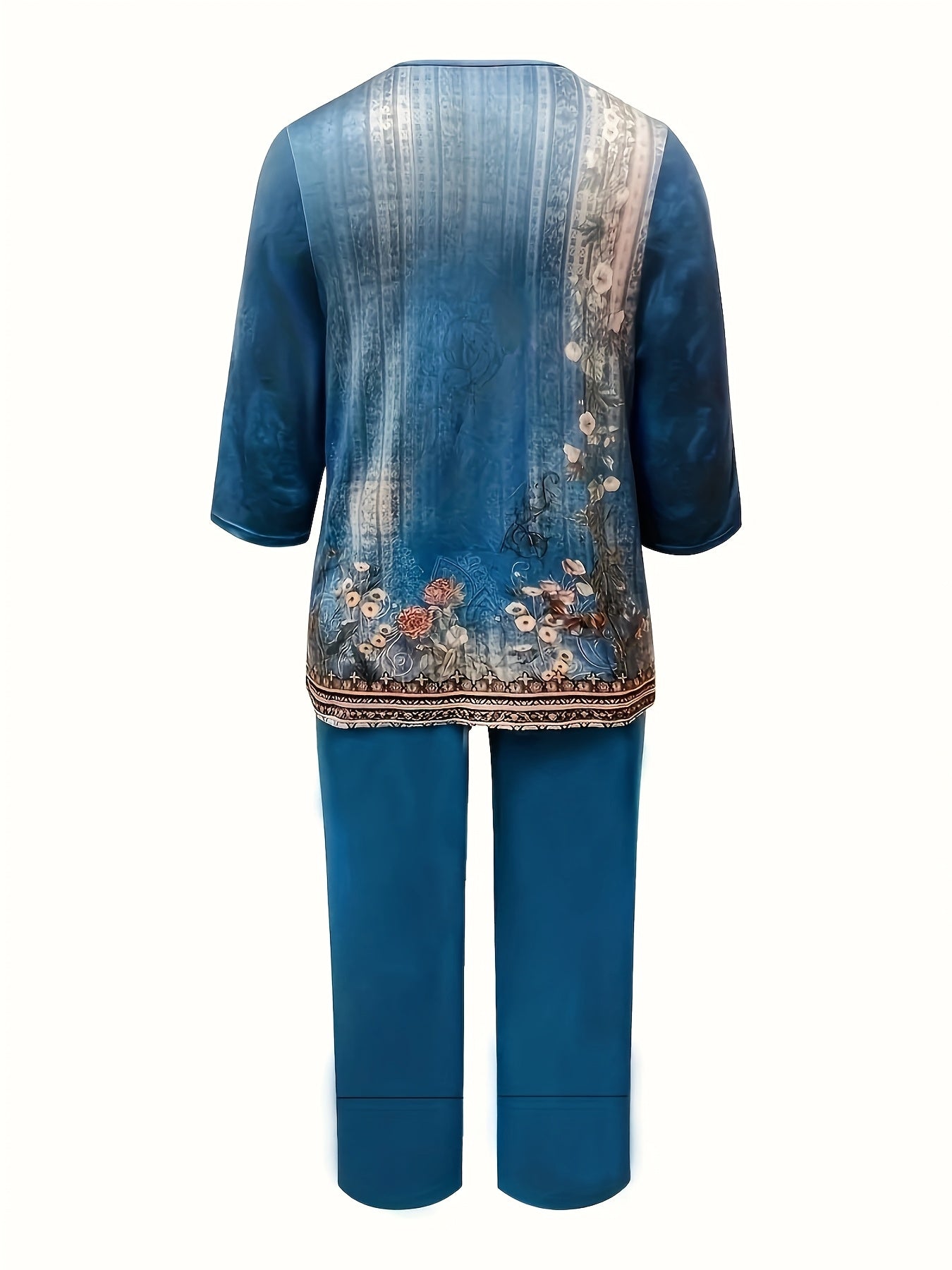 Gul naqshli ko'ylak to'plami, plus o'lchamda, polyester to'qima matodan tayyorlangan, biroz cho'ziladigan tasodifiy crew neck ko'ylak va shimlar to'plami. Ayollar uchun qulay pullover uslubidagi kiyim.