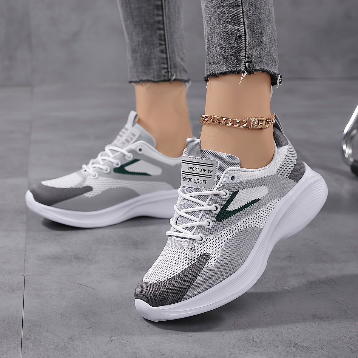 Zapatillas de running transpirables para mujer, deportivas bajas, color gris y verde, con amortiguación