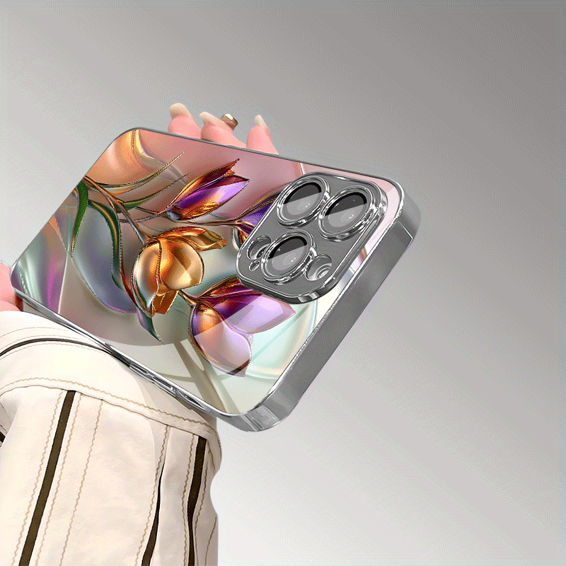 Colorful 3D Tulip Pattern Glass Phone Case with Lens Protection for iPhone Models Drop Protection Tempered Glass