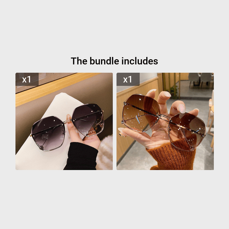 Katta metall quyoshdan himoyalovchi ko‘zoynak ramkasiz gradient rangli, ochiq havoda yozgi moda uchun