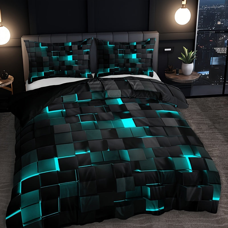 Grid Print Bedding Set 3-Piece Duvet Cover and Pillowcases for Bedroom or Guest Room